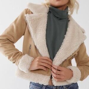 True Religion Faux Shearling Biker Jacket – Tan / Cream – Size S/M COZY warm